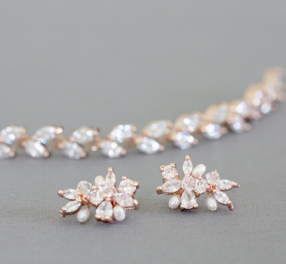 Bridesmaid Set Of Bracelet & Tiny Rhinestone Freshwater Pearl Climbing Stud Earrings