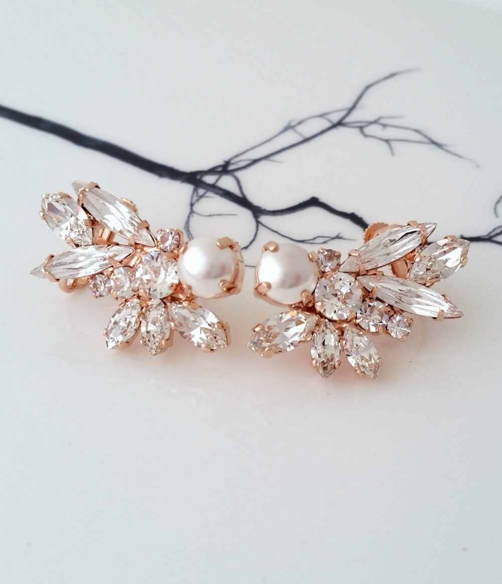 Bridal Earrings, Pearl Climbing Earrings, Ear Climber Bridal Earring, Ear Crawlers Earring, Pearl Crystal Earrin