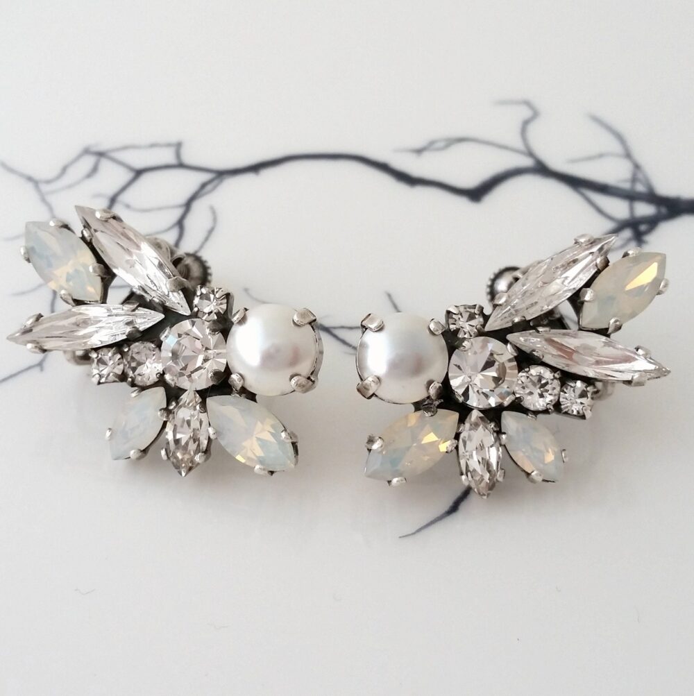 Bridal Earrings Pearl, Climbing Earrings, Ear Climber Earrings, Pearl Bridal Crawlers Earrings, White Opal Earring, Crystal Earrin