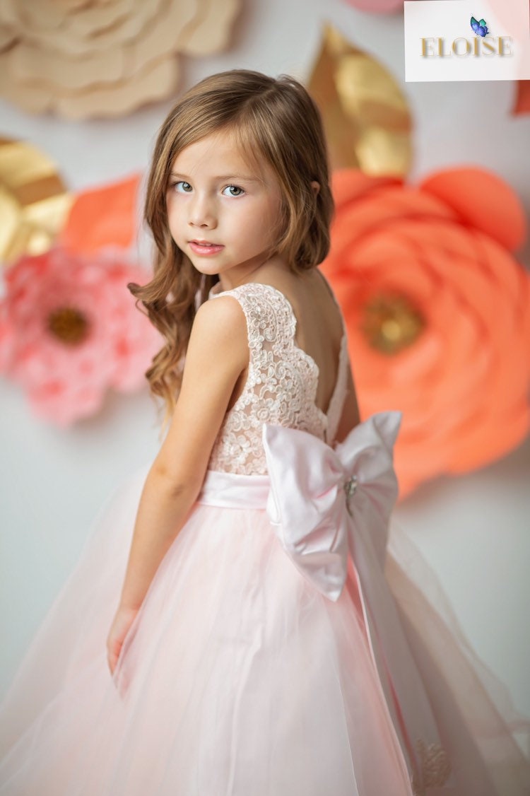 V Back Pink French Lace Tulle Wedding Flower Girl Dress/Kids Birthday Party Dress/Little Couture Dress