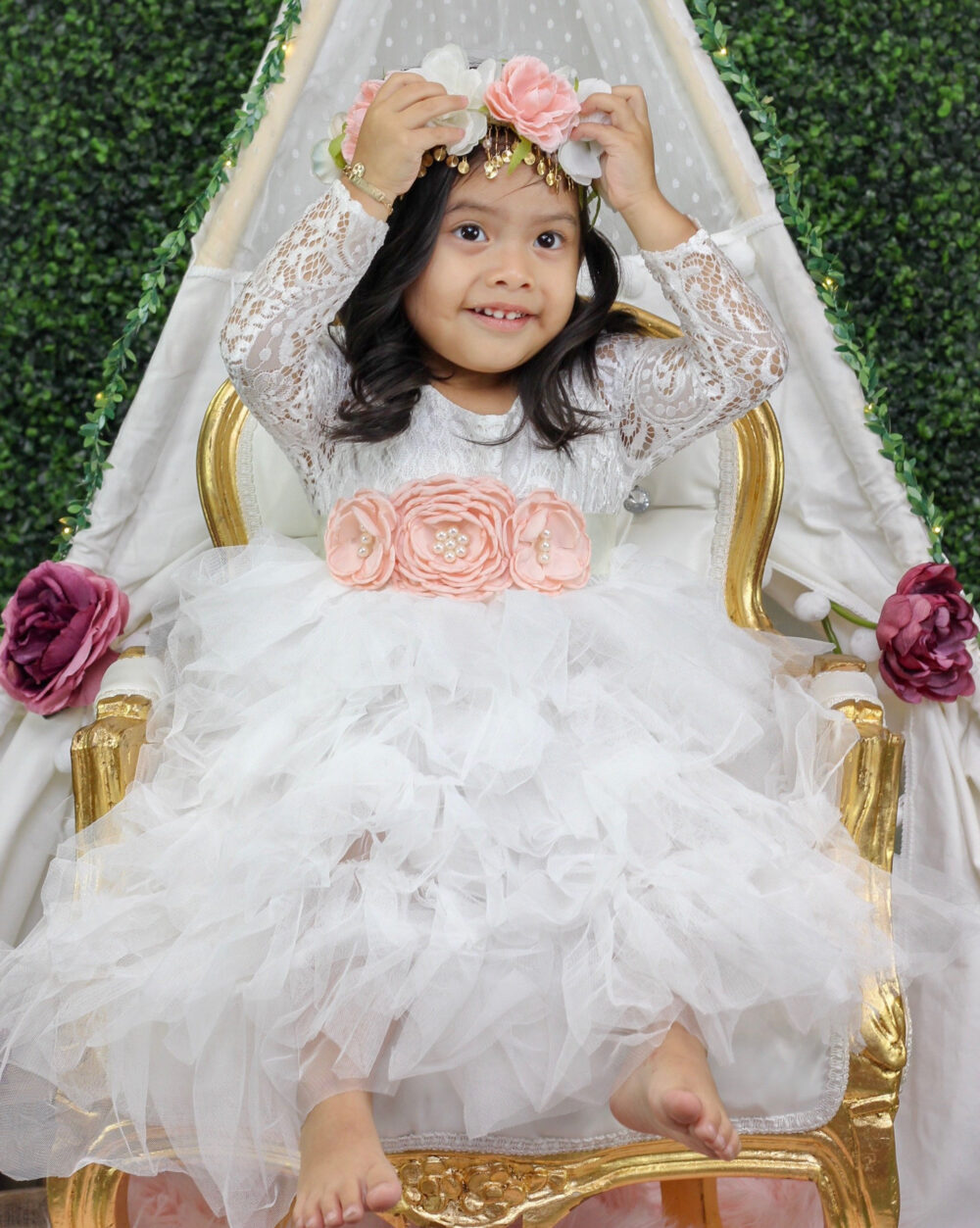 Romantic Tulle Long Sleeve Wedding Gown, White Lace Flower Girl Dress, Rustic Crochet Boho Chic Bohemian, Girls Easter, Birthday Cake Smash