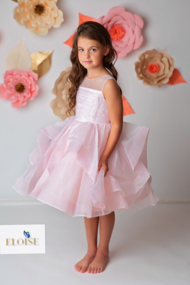 V-Back Pink Organza Tulle Wedding Flower Girl Dress/Princess Birthday Party Dress/Little Dress/Kids Couture Dress