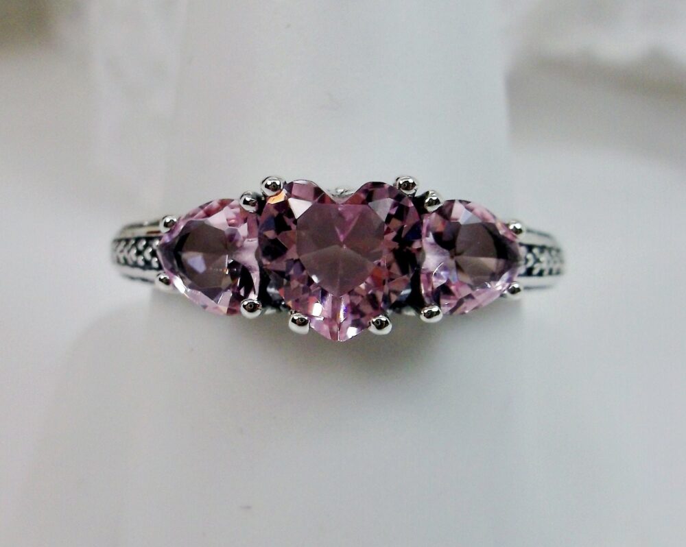 Pink Hearts Ring/ Solid Sterling Silver/ 3-Gemstone Simulated Topaz Love Hearts, Silver Filigree [Custom Made] Design#143