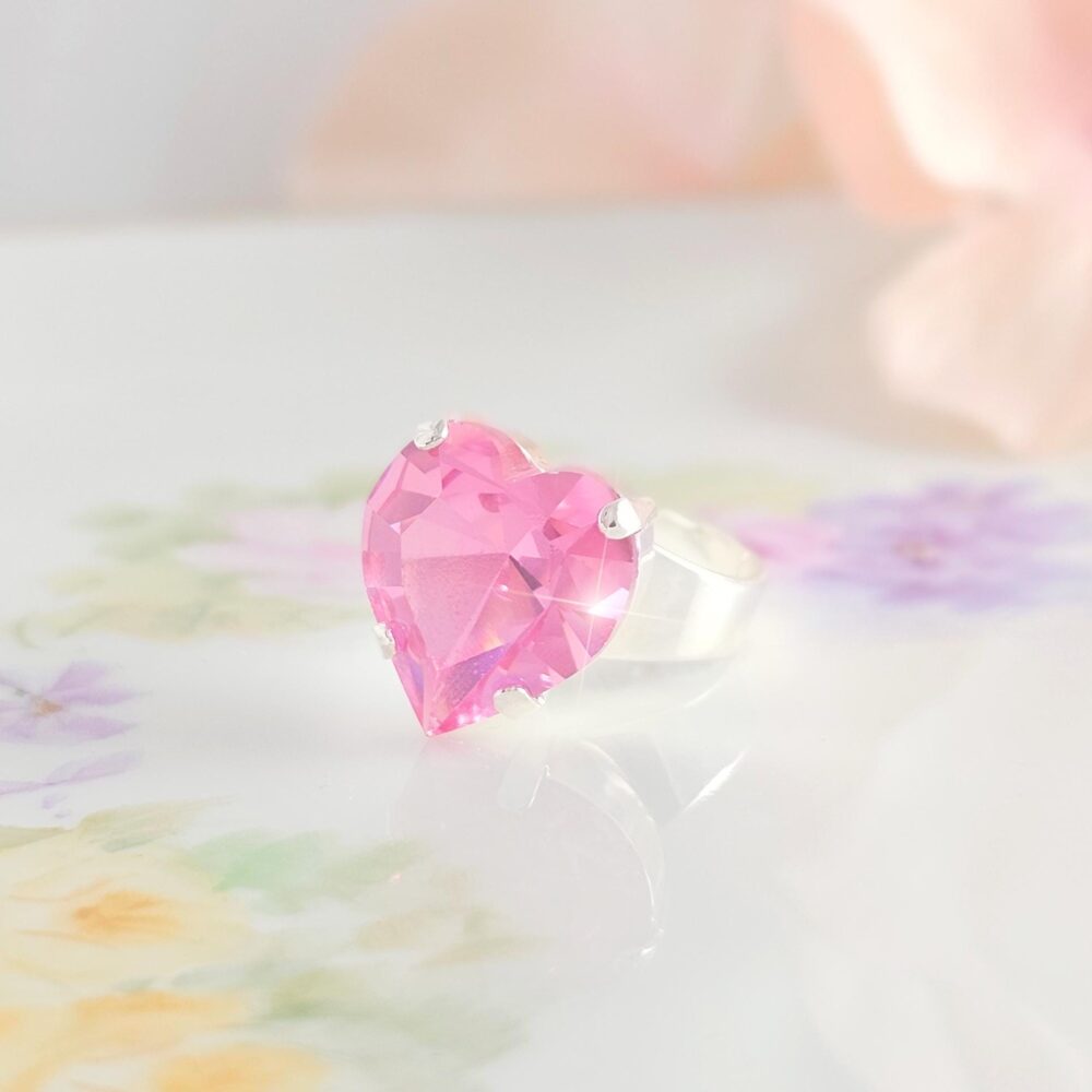 Pretty Pink Heart Ring Big Silver Statement Rose Tourmaline Crystal, Chunky Pink Diamond Ring, Rhinestone Valentine's Day Gift R2002