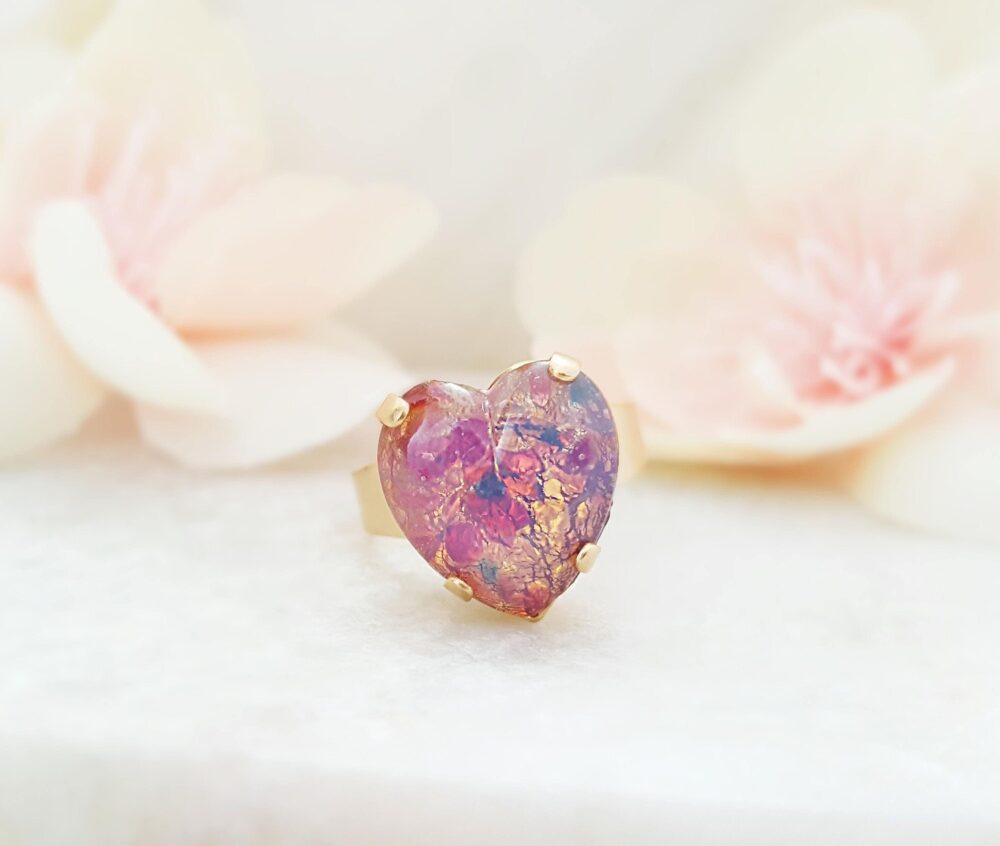 Pink Heart Rings For Women Vintage Gold Promise Ring, Fire Opal Glass Jewelry Gifts, Valentine Day Present Girlfriend Or Wife R3032
