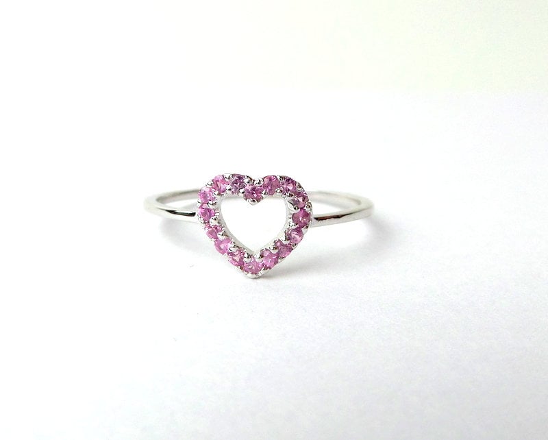 14K White Gold Pink Sapphire Heart Ring Dainty Love Ring