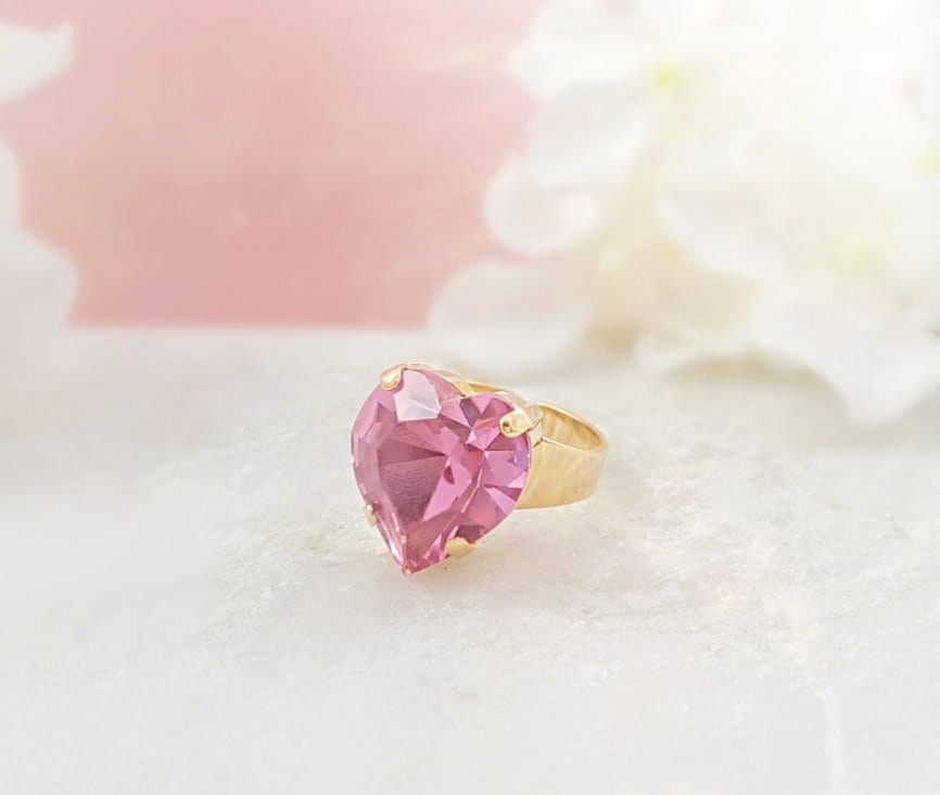 Pink Heart Ring For Women Pink Crystal Rhinestone, Big Rose Tourmaline Statement Ring Gift, Romantic Chunky Promise R6014A