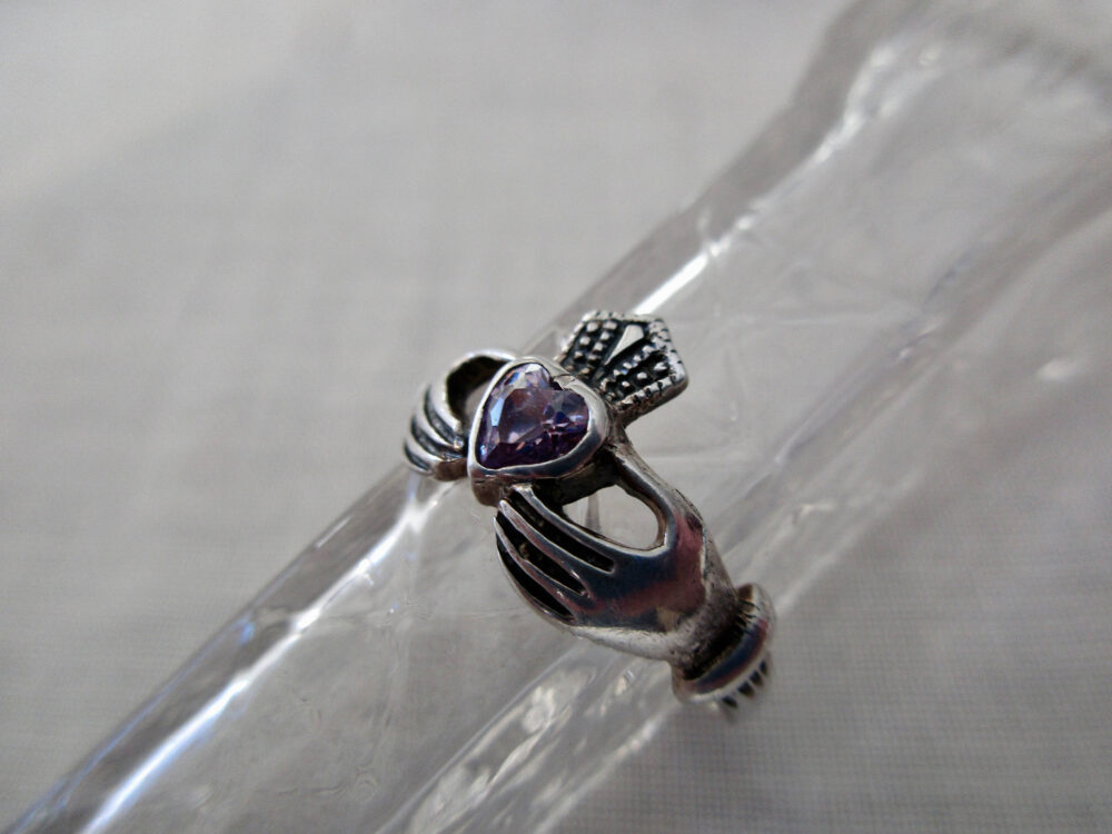 Vintage Sterling Silver & Pink Heart Ring - Irish, Claddagh, Size 8