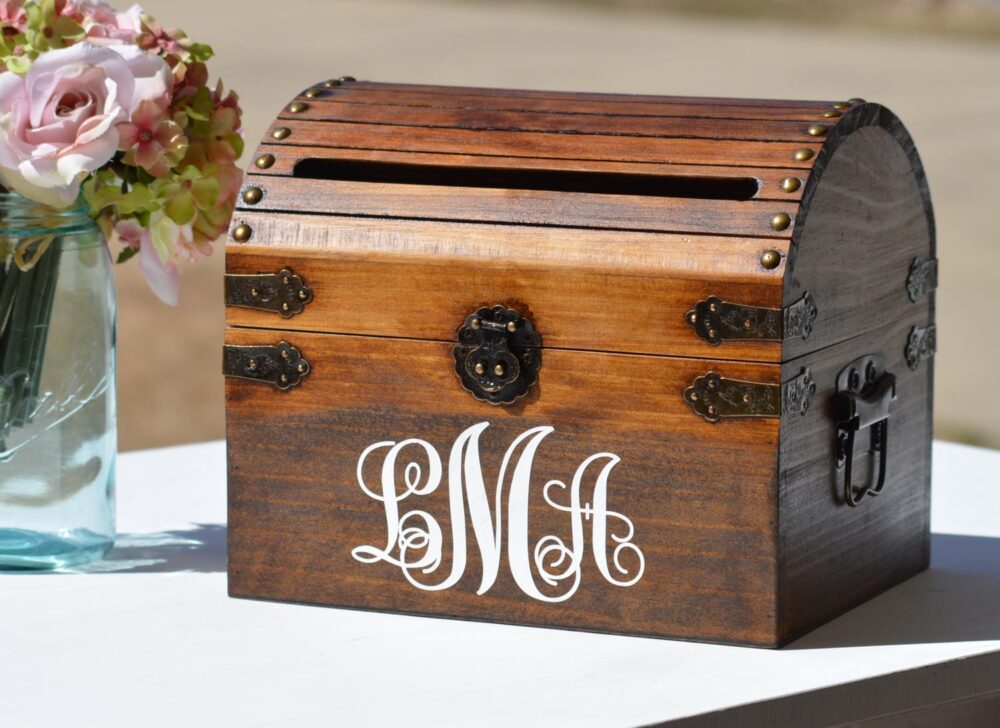 Monogrammed Card Box, Rustic Wedding Holder With Slot, Bridal Shower Keeper, Keepsake Trunk, Shabby Chic Decor
