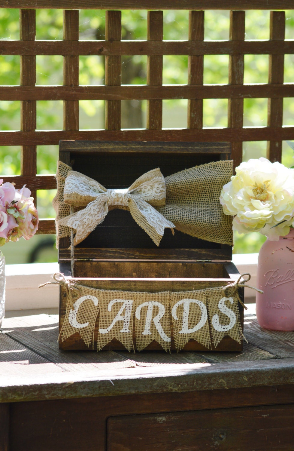 Rustic Card Box For Wedding, Burlap Wedding Box, Shabby Chic Holder, Wooden Chest, Banner, Barn Reception Decor Baby Shower