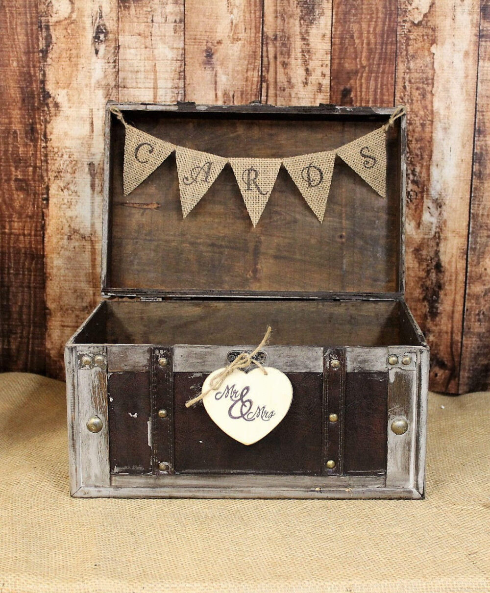 Wedding Card Box With Burlap Banner-Rustic Box-Shabby Chic Decor, Distressed Box, Reception Holder
