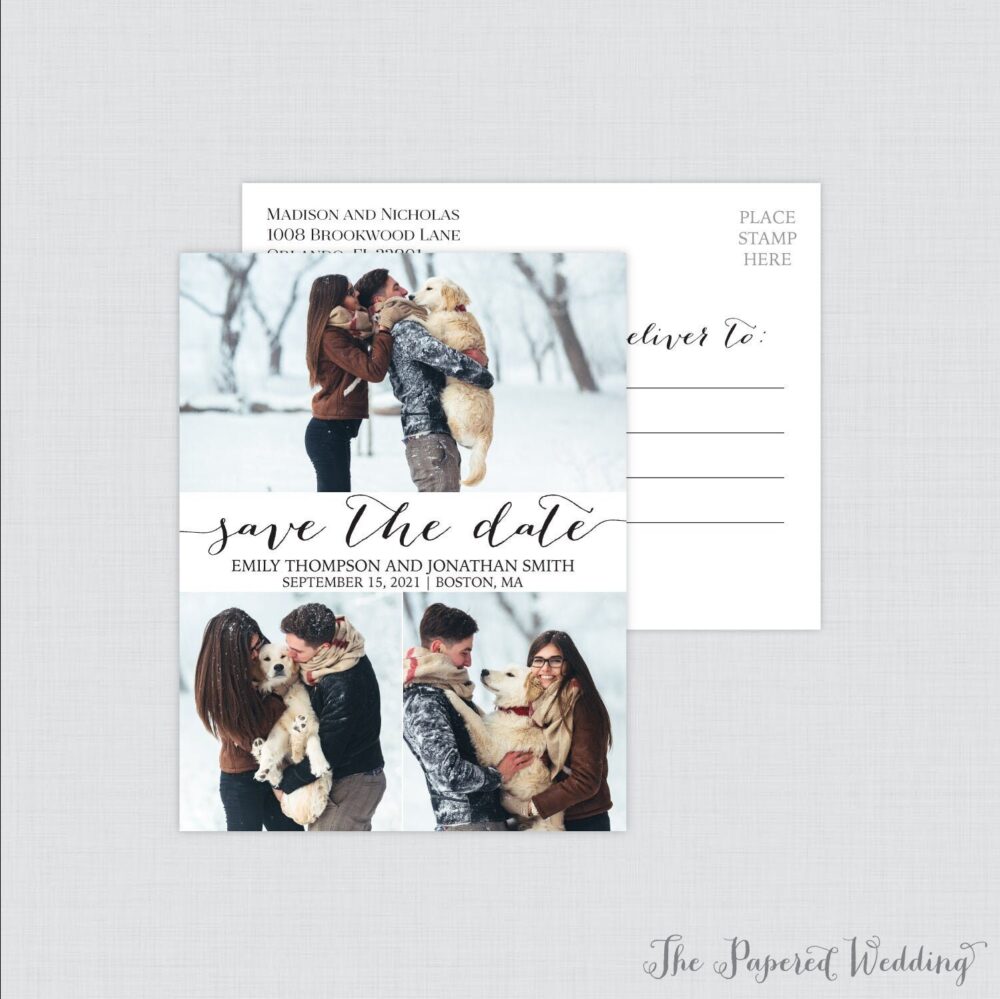 Printable Or Printed Picture Collage Save The Date Postcards - Our With Three Photos Black & White 111