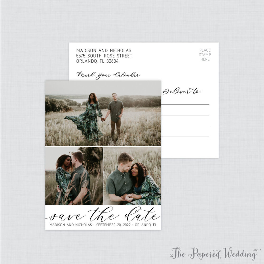 Printable Or Printed Picture Collage Save The Date Postcards - Our With Three Photos Black & White 118