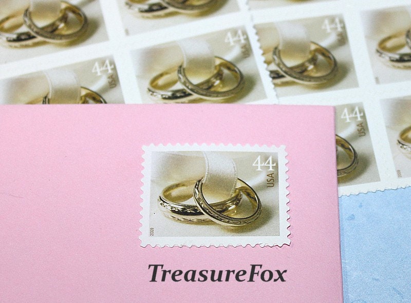 10 Gold Wedding Rings Stamps .. Vintage Unused Us Postage Stamp 44C Bands Stamp For Invitations, Save The Date, Rsvps. Pack Of