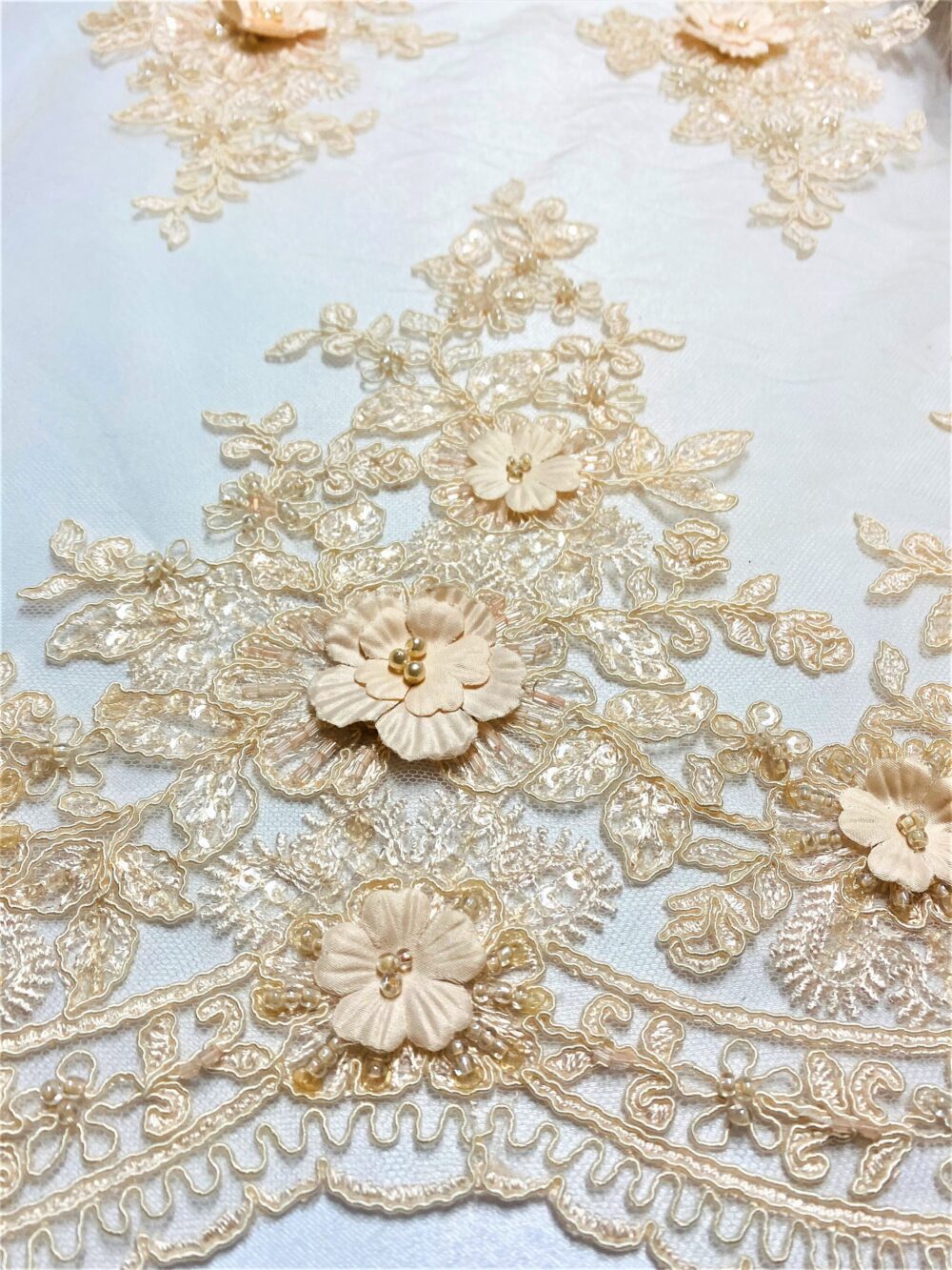 Salmon Tulle 3D Flower Lace Fabric Sequins & Beads, Couture Gowns