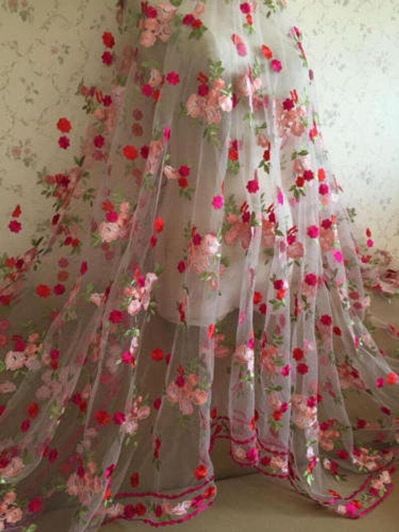 2 Colors White Tulle Black Gorgeours Lace Fabric Pink Red Floral Embroidered Tulle Dress Bridal Veil