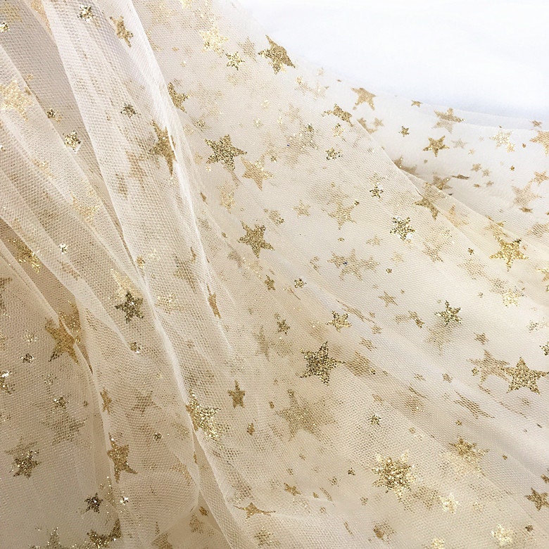 2 Colors Lace Fabric Gold Silver Sequin Star Beige Tulle White Wedding Bridal Dress Veil 59" Width By The Yard