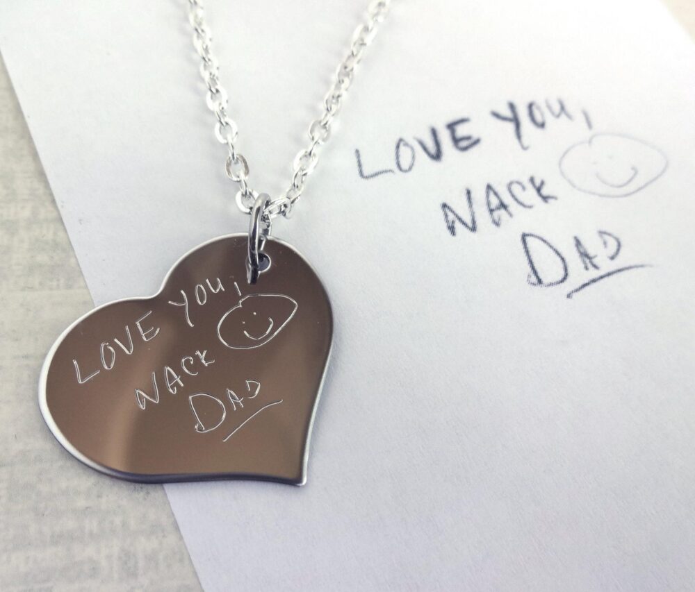 Engraved Handwriting Necklace - Personalized Signature Stainless Steel Heart Charm Custom Memorial Jewelry