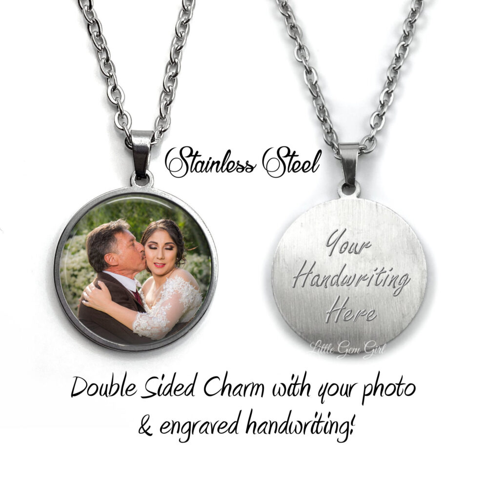 Stainless Steel Custom Photo Necklace With Optional Engraved Handwriting On Back - Personalized in Memory Picture Engraving