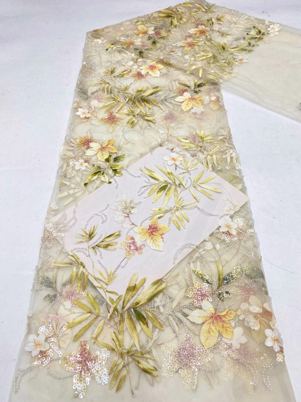 1 Yard Beaded Embroidered Flower Lace Fabric For Wedding Dress, Sequin Floral Embroidery Lace, Luxurious Solid Evening Dress Beading Fabric