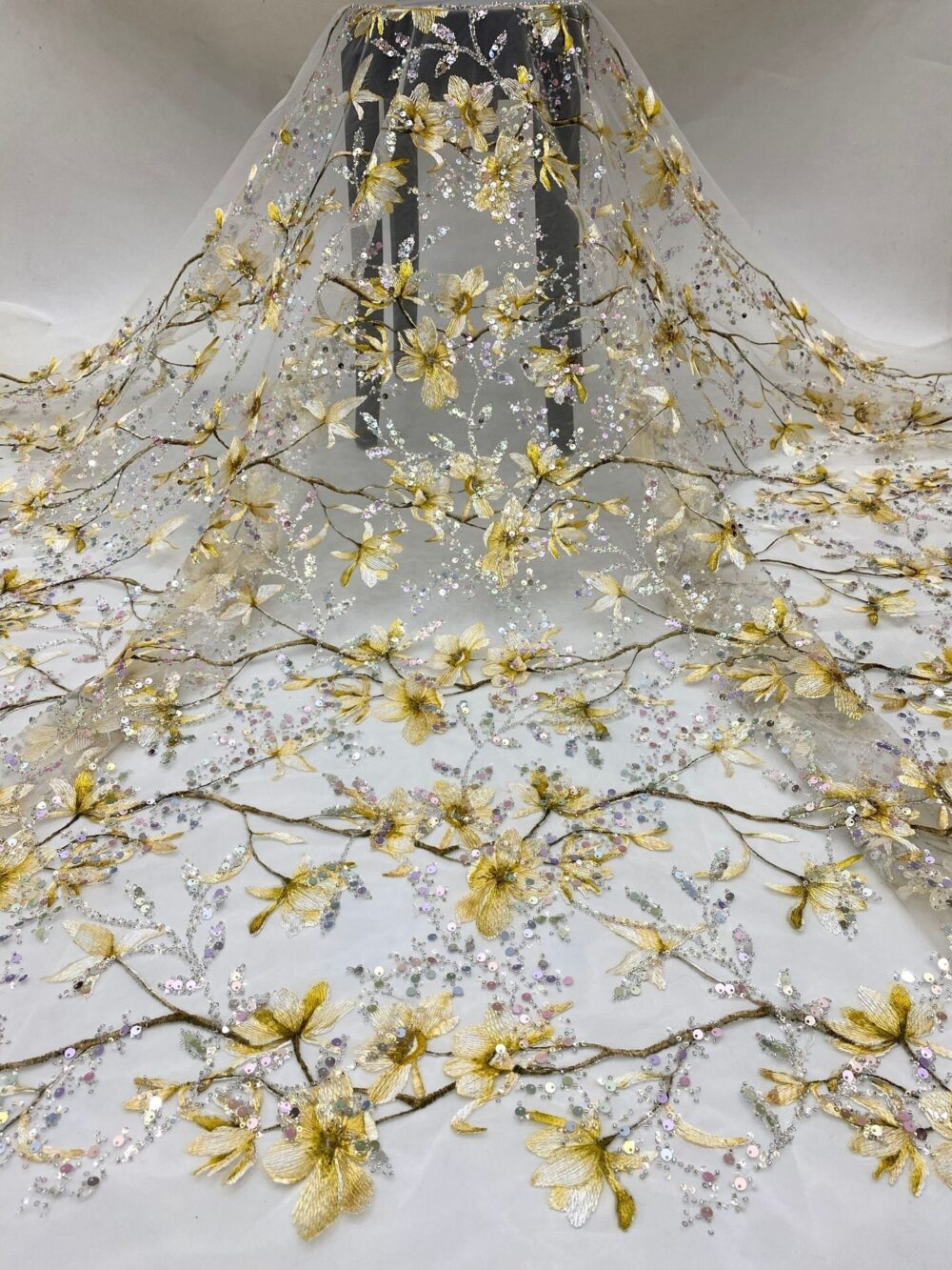 1 Yard Beaded Embroidered Flower Lace Fabric For Wedding Dress, Luxurious Solid Sequin Embroidery Lace, Evening Dress Beading Fabric