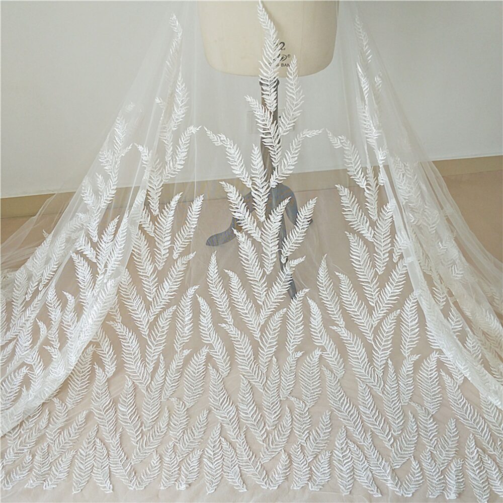 Leaves Lace Fabric By The Yard Beaded Sequined Overlay For Wedding Dress, Bridal Gown 51 Inches Width