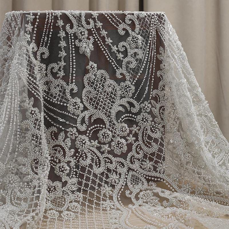 1 Yard Beaded Floral Lace Fabric, Off White Sequins Beading Embroidered Formal Dress Lace Fabric, Wedding Dress Fabric