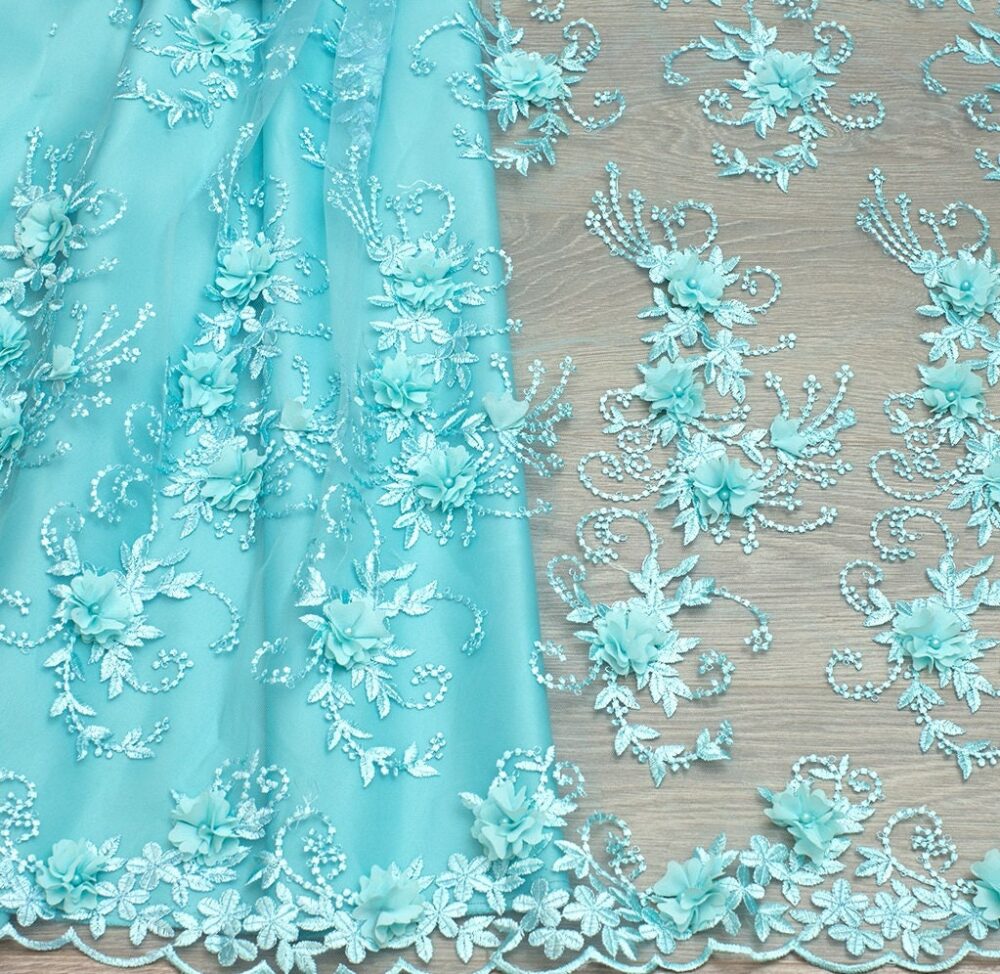 1 Yard/ Beaded Mint Lace 3D Fabric Mint Fashion Evening Dress Tulle With Beads Embroidery Tulle Pearl