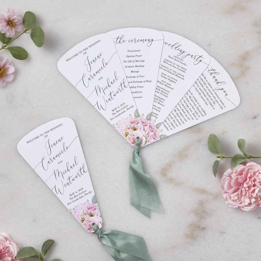 4 Petal Fan Program in White With Blush Flowers & Silk Ribbon - Wedding For Outdoor Ceremony