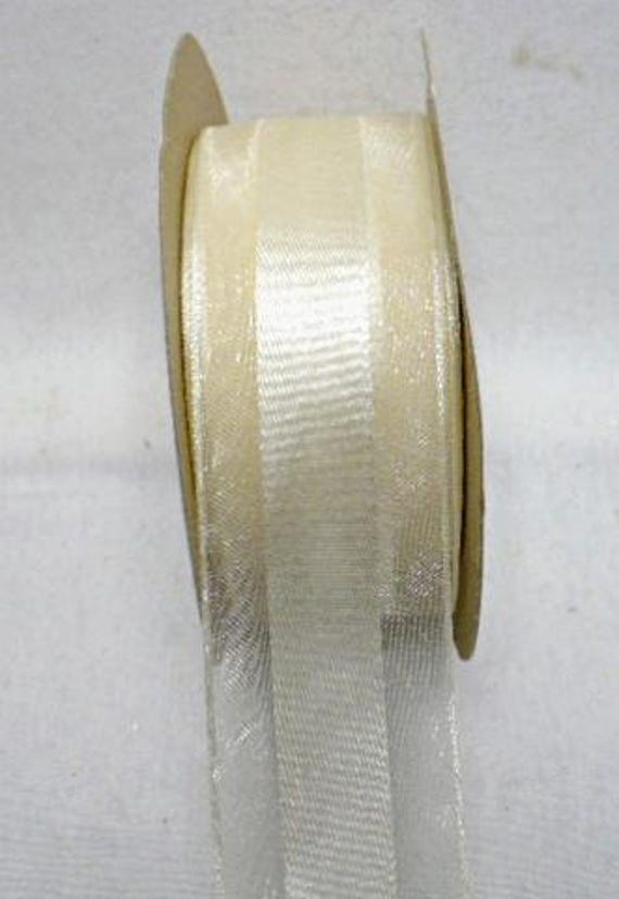 Cream Organza Satin Center Premium Woven Ribbon, Wedding Sheer Nylon Edge(Fishing Line Edge 25 Yards
