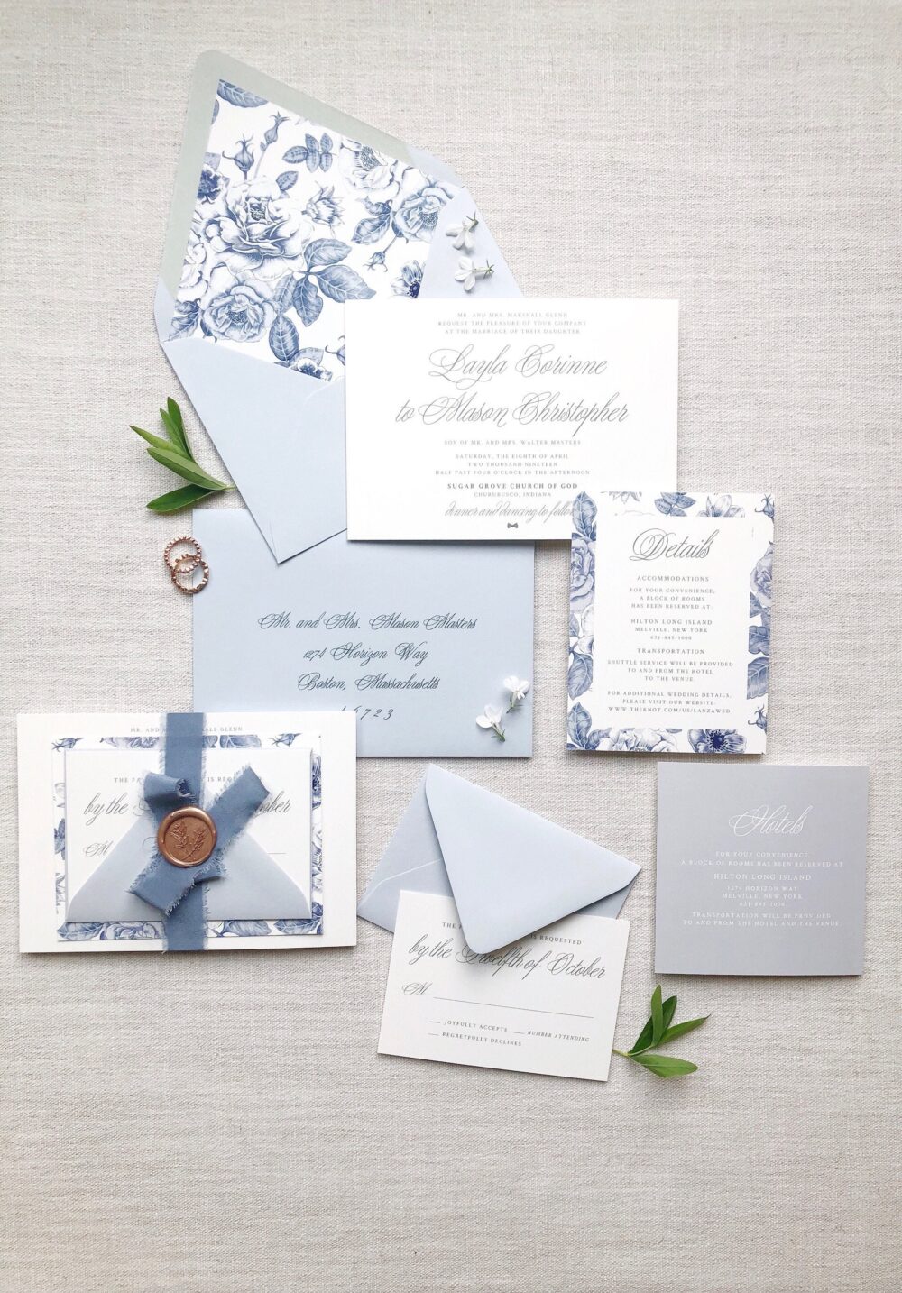 The Layla Wedding Invitation Suite, Blue & White Floral Chinoiserie Inspired Invitation, Silk Ribbon - Sample