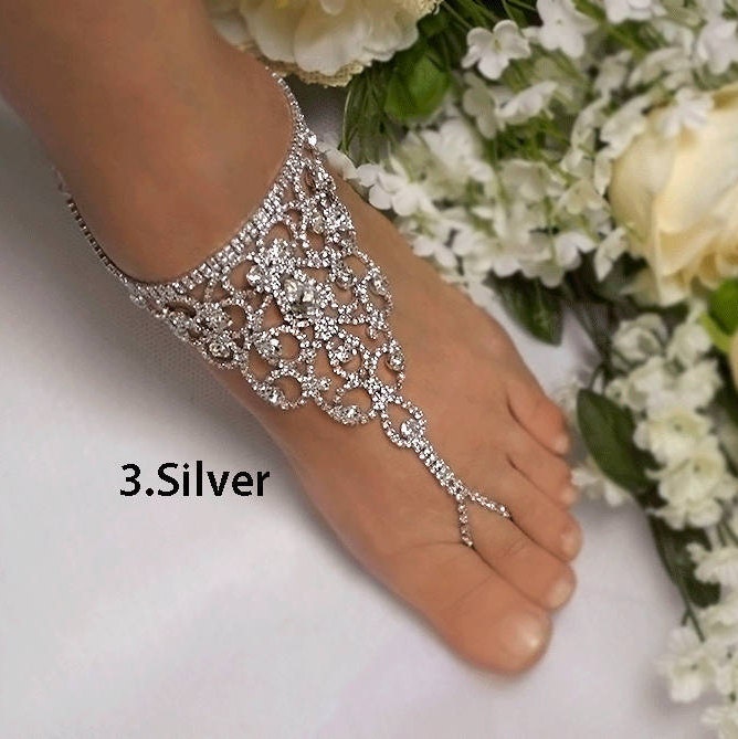 Wedding Barefoot Sandals, Bridal Foot Jewelry, Silver Plated Rhinestone Footless Sandal, Beach Sandals-Sd013