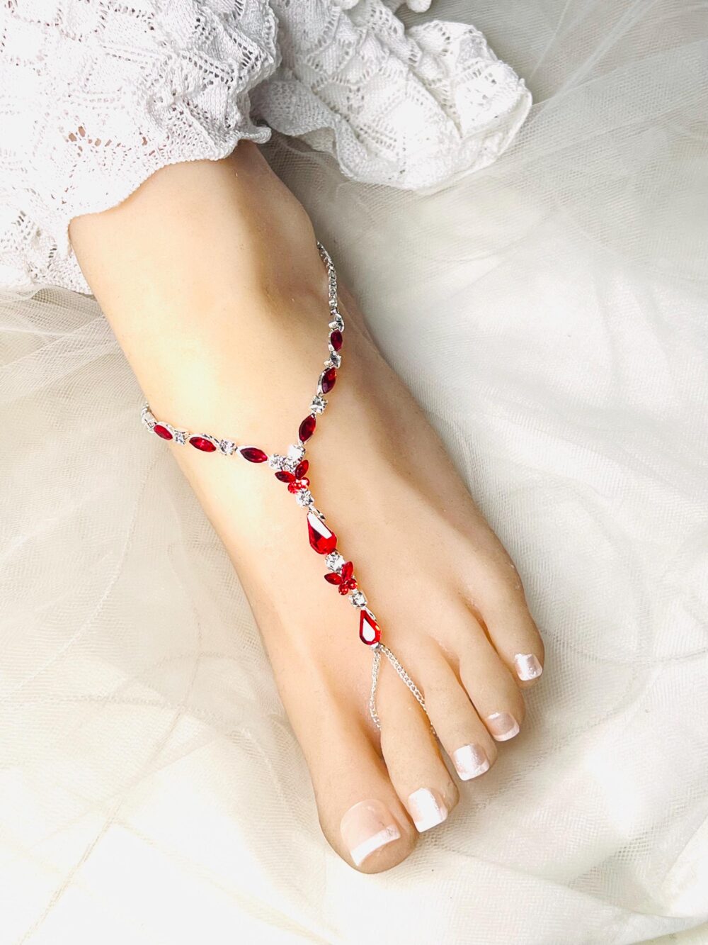 Wedding Red Rhinestone Barefoot Sandals, Bridal Foot Jewelry, Silver Plated Beach Wedding, Footless Sandal, A Pair-Sd044