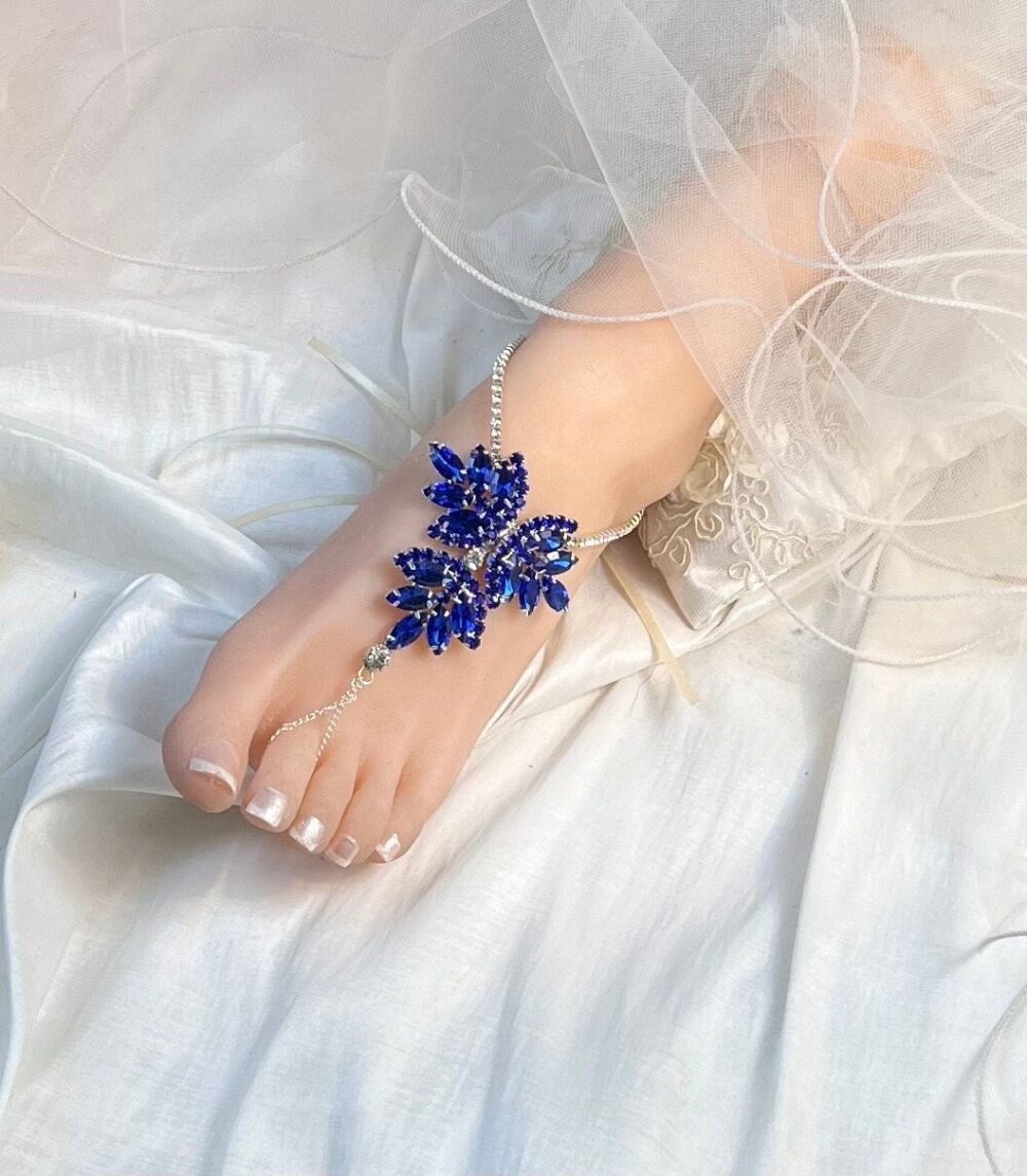 Something Blue Wedding Jewelry, Wedding Barefoot Sandals, Bridal Foot Jewelry, Rhinestone Silver Jewelry, Footless Sandal, Beach Sandals-Sd032