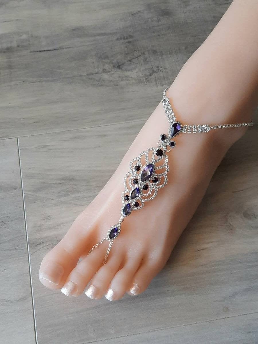 Purple Wedding Barefoot Sandals, Bridal Foot Jewelry, Rhinestone Silver Plated Footless Sandal, Beach Sandals -Sd025