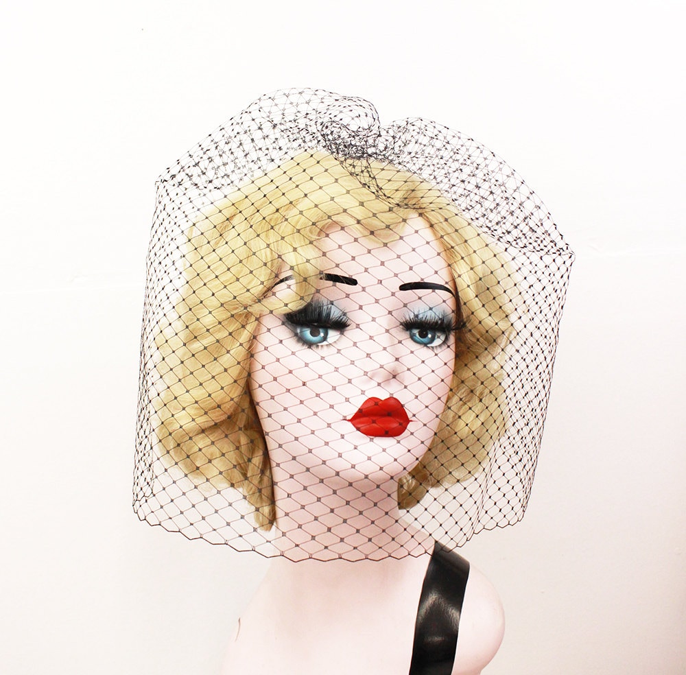 Long Black Birdcage Veil, Classic Bridal, Netted Blusher Mourning Gothic, High Fashion, Rose, Hair Accessory