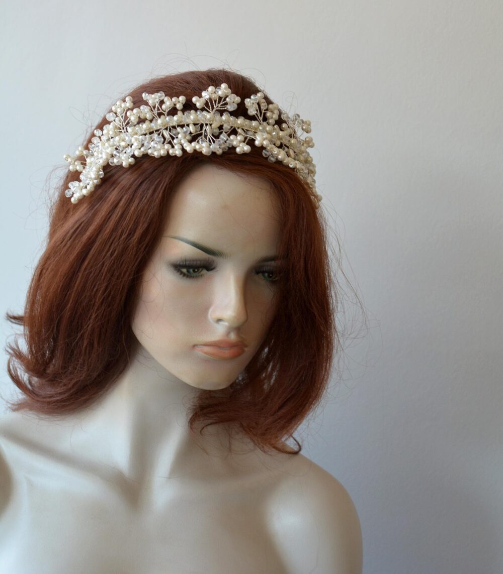 Wedding Pearl Hair Crown Tiara, Silver Bridal Headpiece Tiara