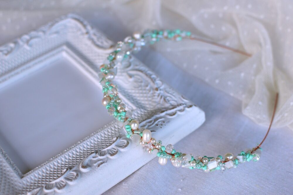 Crystal Tiara, Beach Wedding Prom Hair Piece, Beaded Crown, Turquoise Wedding Pearl Rose Gold