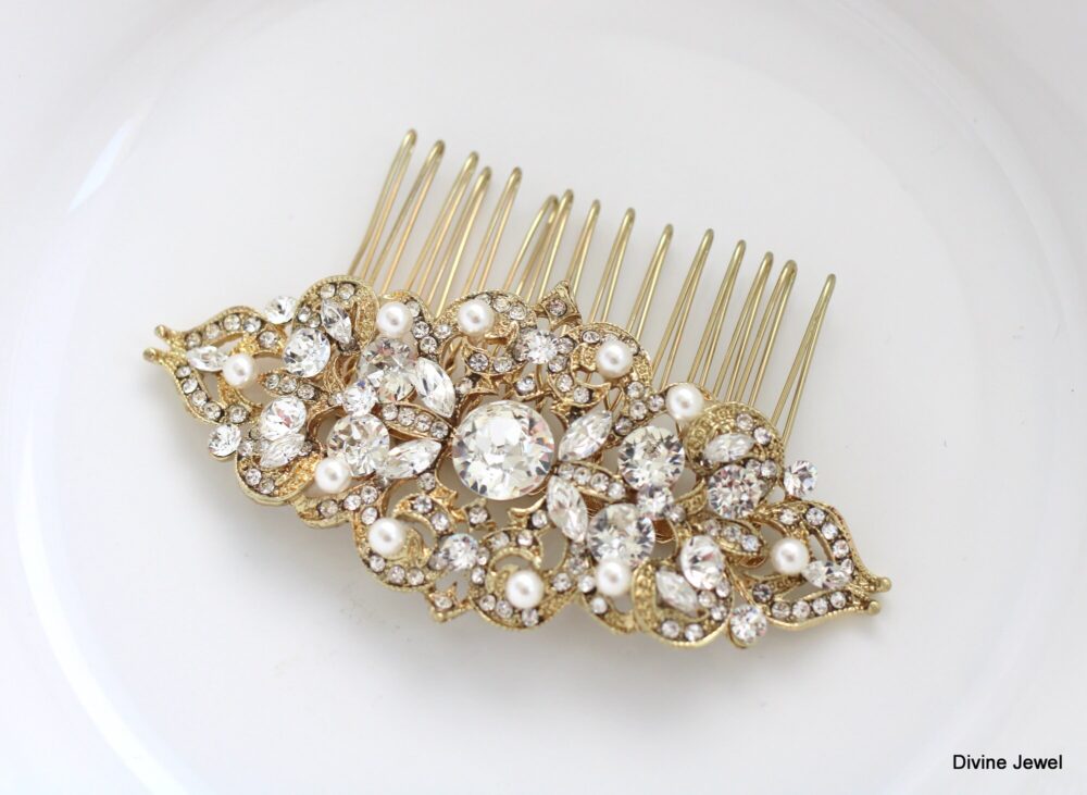 Gold Wedding Hair Comb Crystal Pearl Bridal Piece, Ally