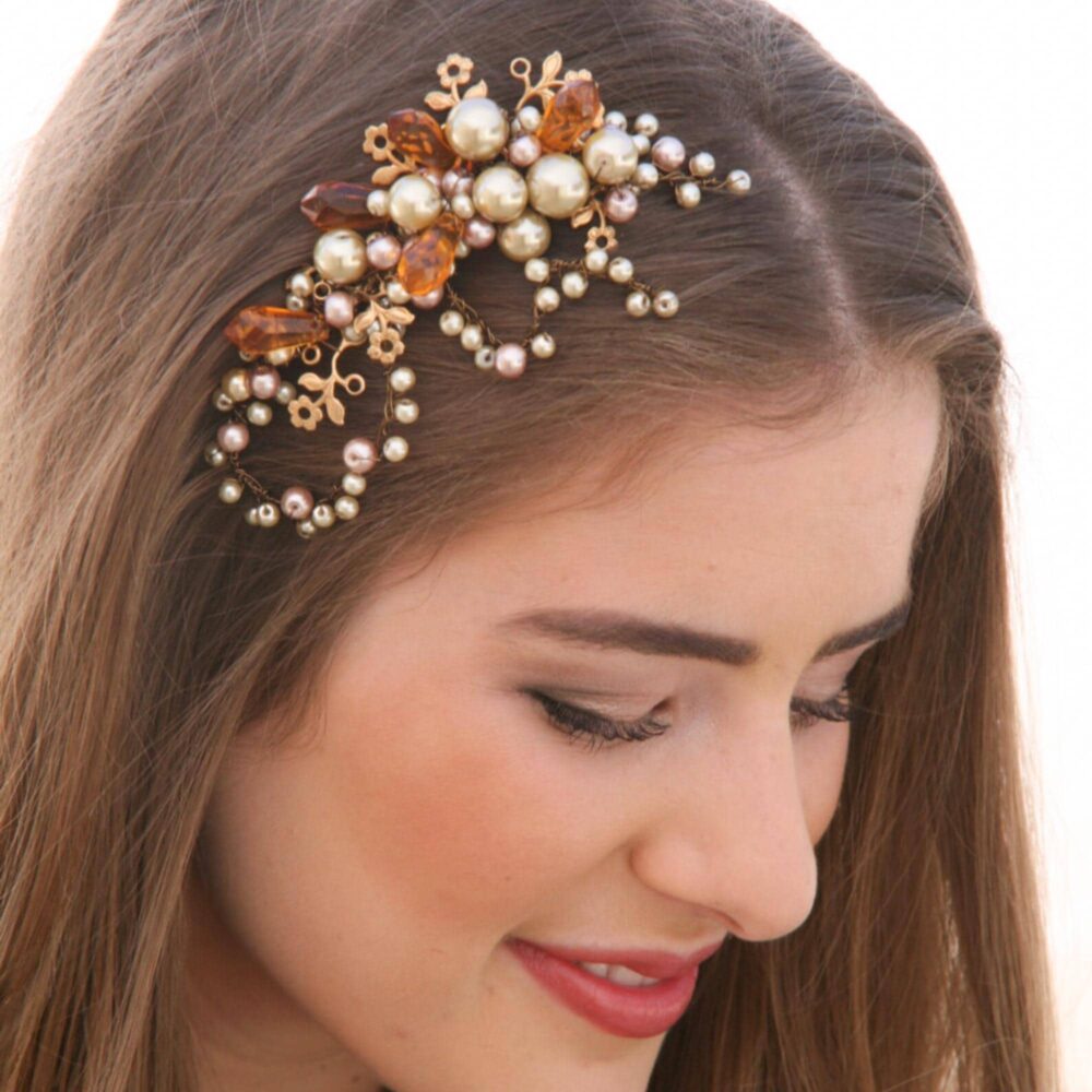 Vintage Crystal & Champagne Pearl Wedding Hair Comb Gold Headpiece
