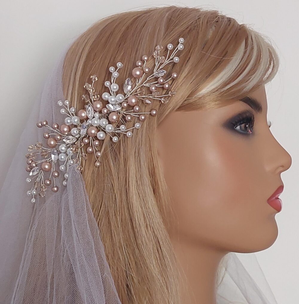 Champagne Wedding Hair Comb, Pearl Crystal Bridal Piece, Powder Headpiece, Side Comb Jewelry