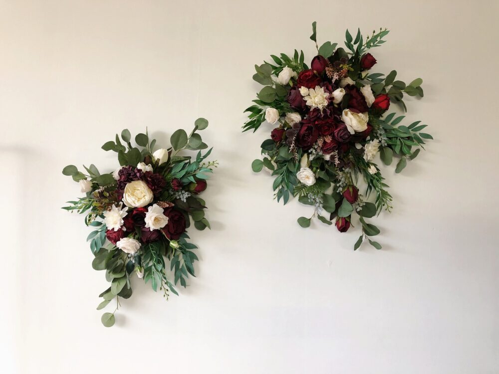 Burgundy, White, Plum Wedding Arch Flower, Silk Flowers, Archway Arbor Rose, Peony, Dahlia, Eucalyptus Swags