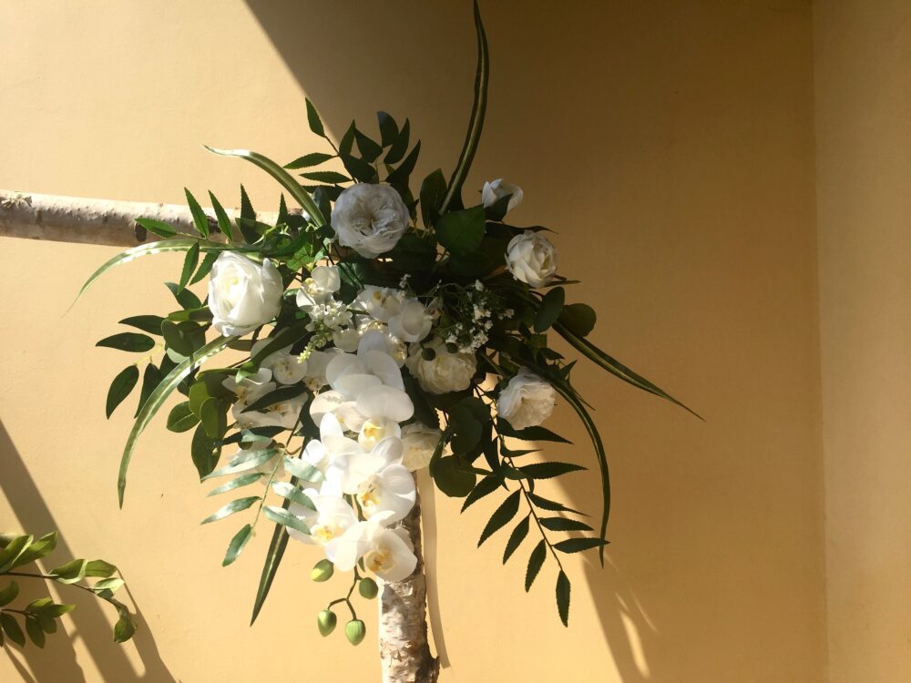 White Orchid Wedding Arch Flower Swags, & Green Garland, Welcome Board Flowers, Reception Sign Flowers