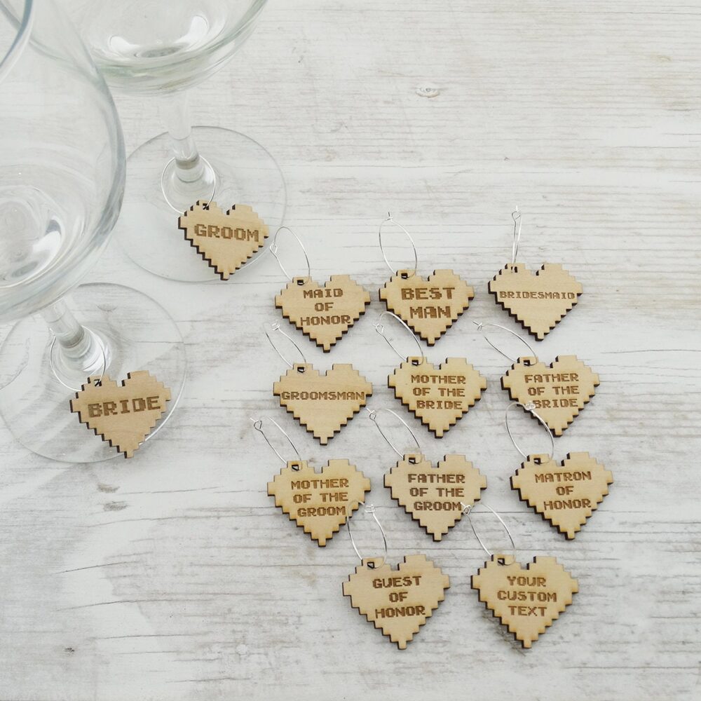 Gamer Pixel Heart Wedding Wine Glass Charm Markers - Laser Engraved Wood Favor Table Decor Guest Bride Groom Comes With Silver Hooks