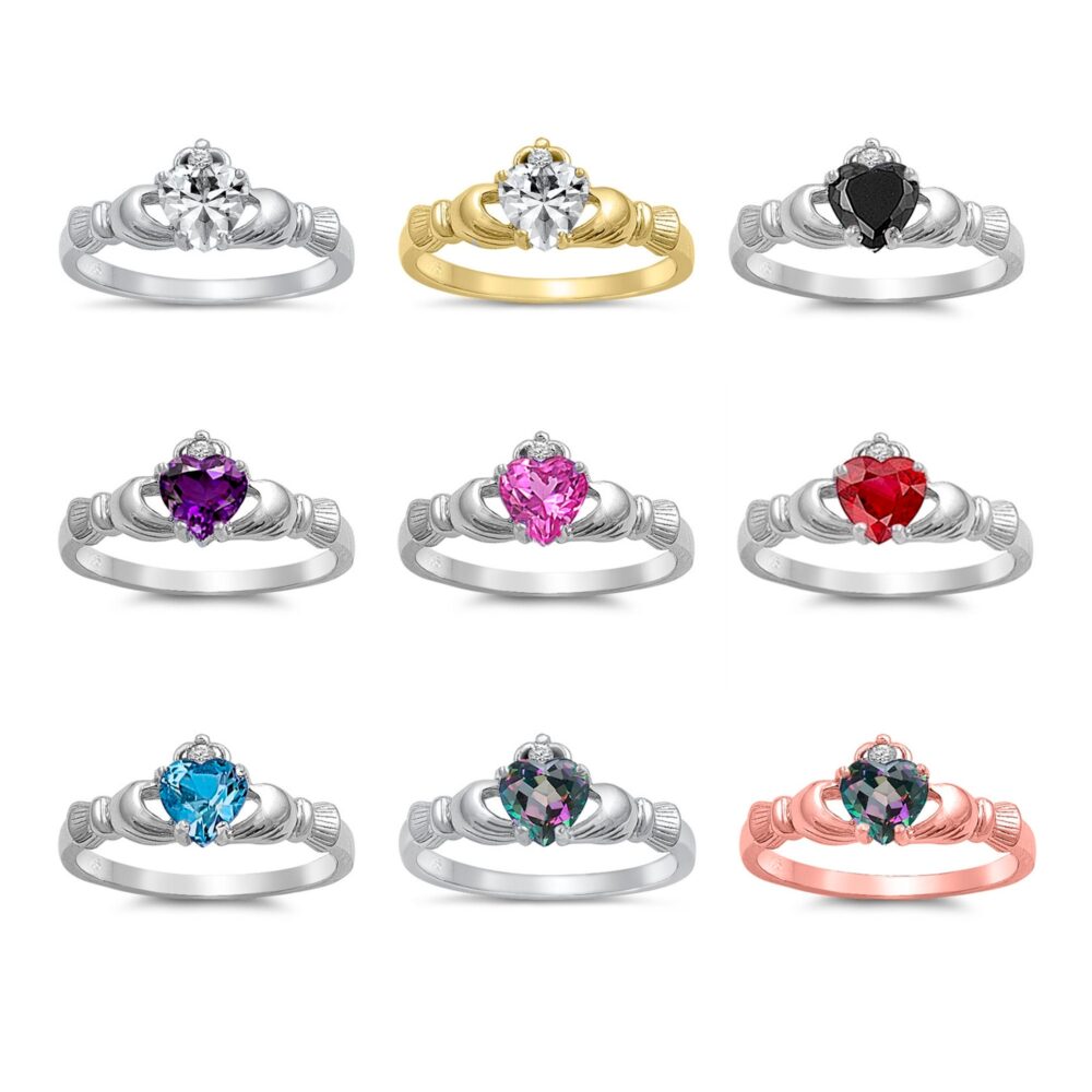 925 Sterling Silver Claddagh Ring For Women. 6mm Birthstone, Celtic, Irish Wedding, Promise, Purity Love Ring. Valentine's Day Gift Her