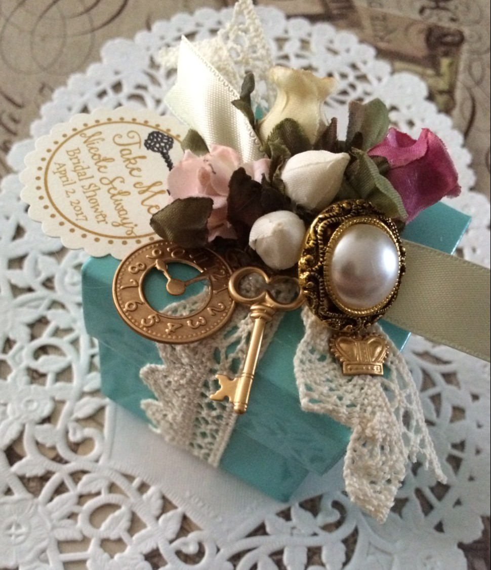 Vintage Look Alice in Wonderland Blue 2 Piece Box Tea Party Favors, With Lace, Flowers, Charms For Weddings, Bridal Showers, Birthdays