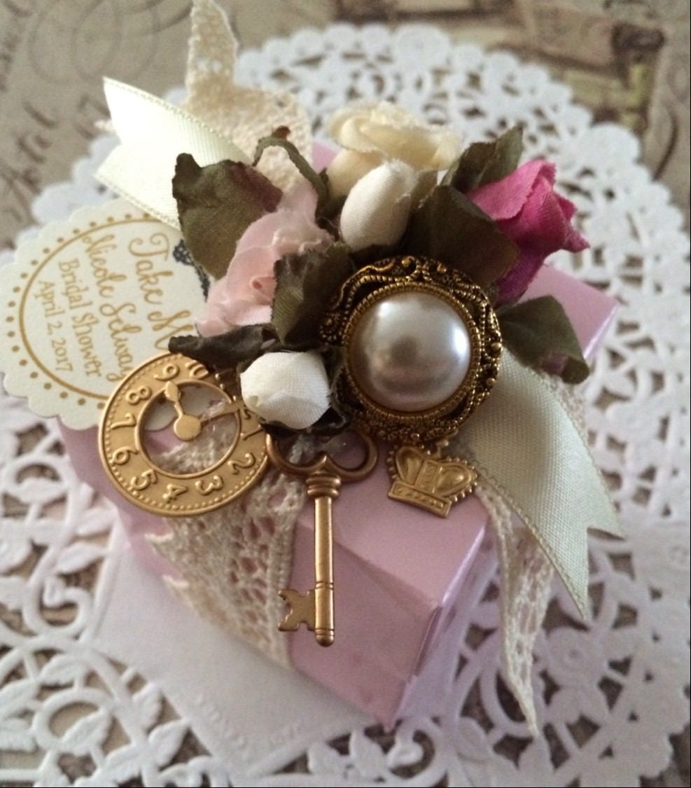 Vintage Look Alice in Wonderland Pink 2 Piece Box Tea Party Favors, With Lace, Flowers, Charms For Weddings, Bridal Showers, Birthdays