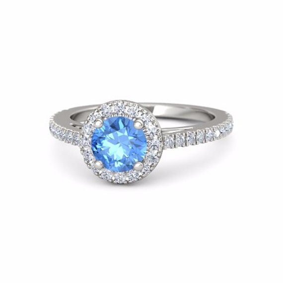 1Ct London Blue Topaz Engagement Ring, Diamond Halo Ring White Gold, Blue Topaz Wedding Ring