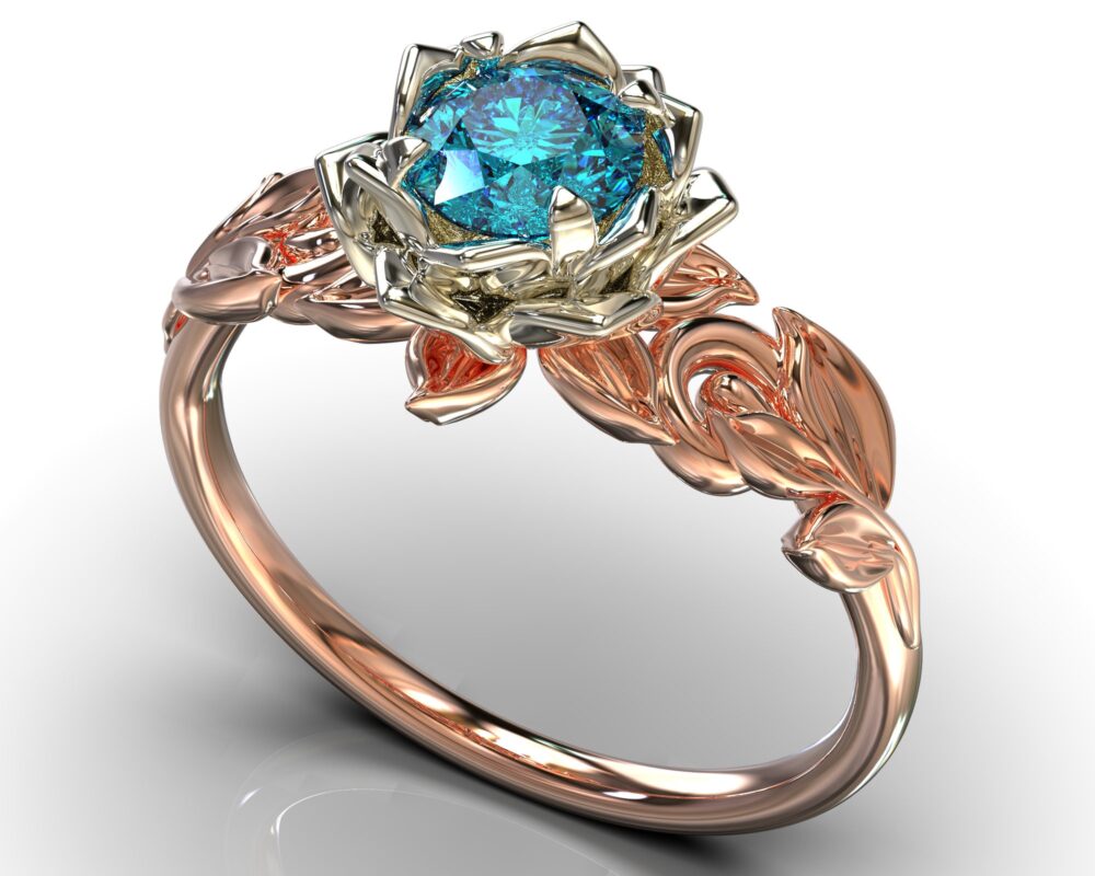 Flower Ring, Leaf Nature Engagement Blue Topaz Lotus Engagement, Floral Unique