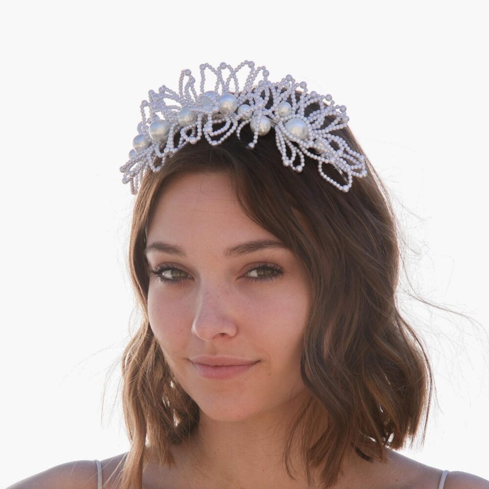 Wired White Pearl Wedding Crown Beaded Boho Tiara Headpiece